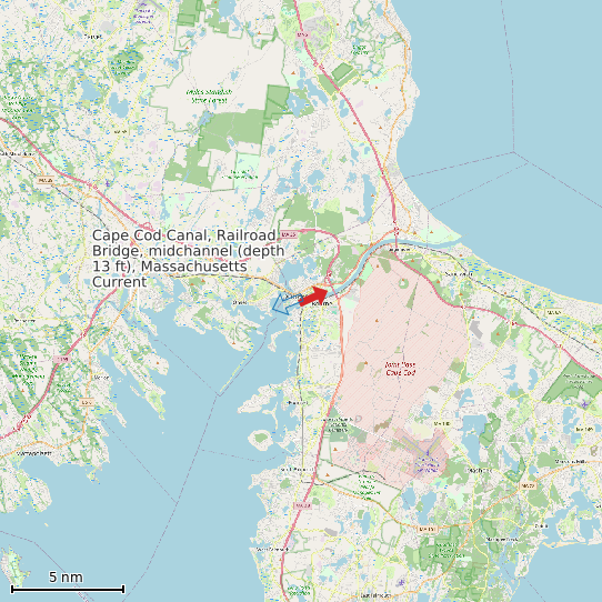 Map of Cape Cod Canal, Railroad Bridge, midchannel (depth 13 ft), Massachusetts Current Prediction Station
