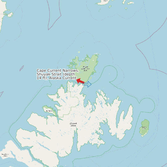 Map of Cape Current Narrows, Shuyak Strait (depth 14 ft), Alaska Current Prediction Station