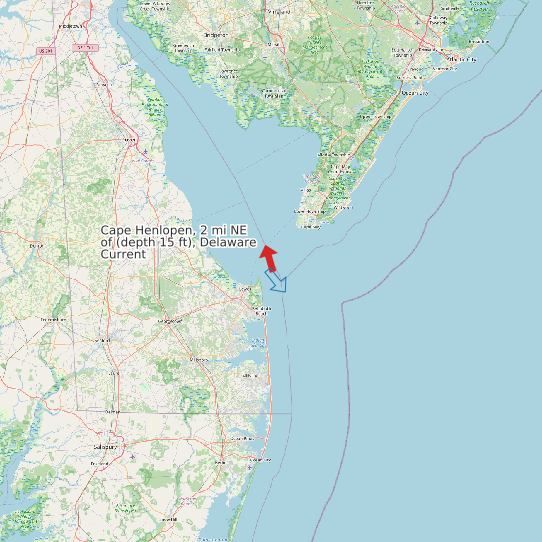 Map of Cape Henlopen, 2 mi NE of (depth 15 ft), Delaware Current Prediction Station