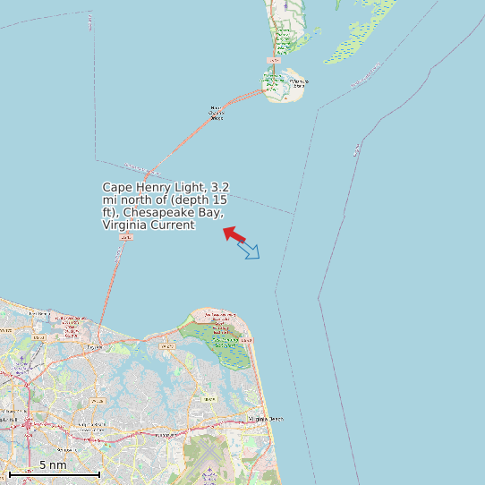 Map of Cape Henry Light, 3.2 mi north of (depth 15 ft), Chesapeake Bay, Virginia Current Prediction Station