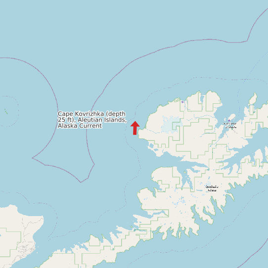 Map of Cape Kovrizhka (depth 25 ft), Aleutian Islands, Alaska Current Prediction Station