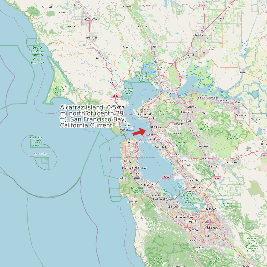 Map of Alcatraz Island, 0.5 mi north of (depth 29 ft), San Francisco Bay, California Current Prediction Station