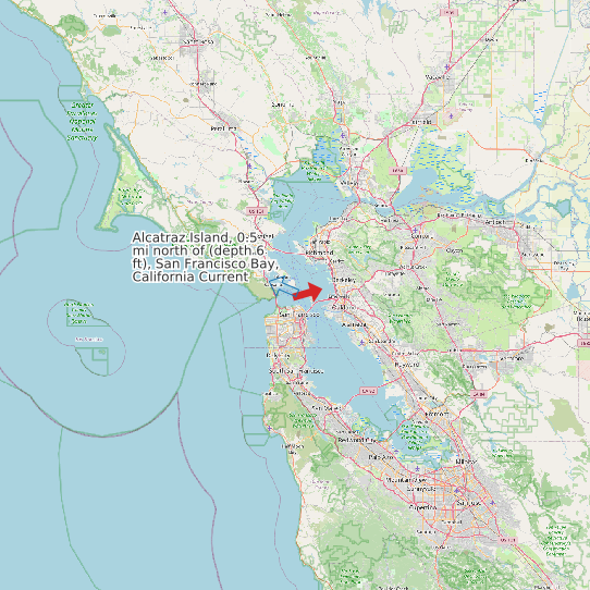 Map of Alcatraz Island, 0.5 mi north of (depth 6 ft), San Francisco Bay, California Current Prediction Station