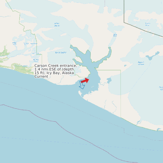 Map of Carson Creek entrance, 1.4 nmi ESE of (depth 15 ft), Icy Bay, Alaska Current - IGNORE VELOCITIES Prediction Station