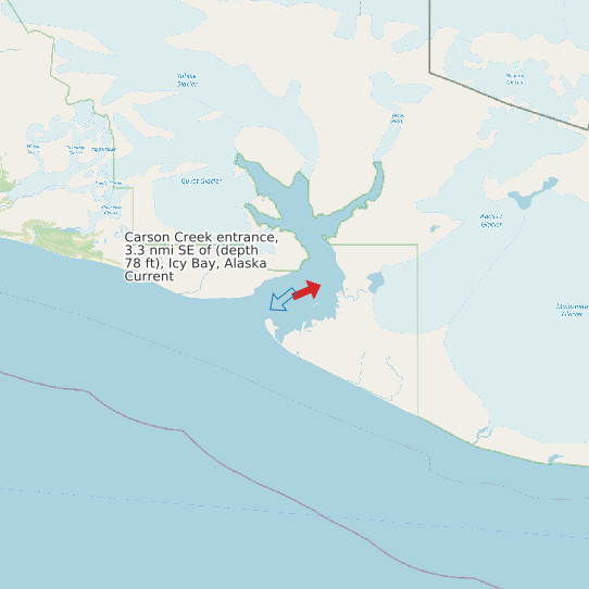 Map of Carson Creek entrance, 3.3 nmi SE of (depth 78 ft), Icy Bay, Alaska Current Prediction Station