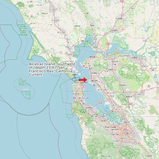 Map of Alcatraz Island, southwest of (depth 21 ft), San Francisco Bay, California Current Prediction Station