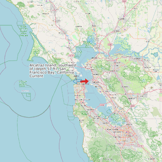 Map of Alcatraz Island, southwest of (depth 57 ft), San Francisco Bay, California Current Prediction Station