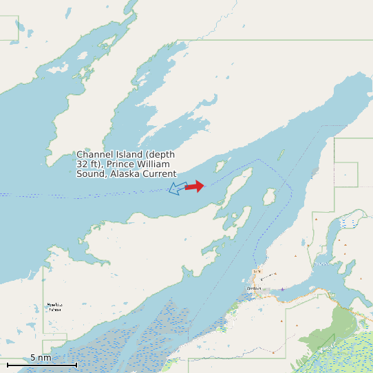 Map of Channel Island (depth 32 ft), Prince William Sound, Alaska Current Prediction Station