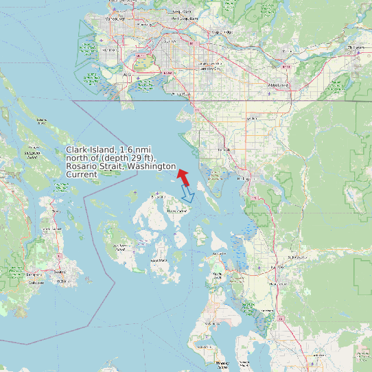 Map of Clark Island, 1.6 nmi north of (depth 29 ft), Rosario Strait, Washington Current Prediction Station