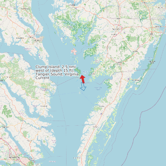 Map of Clump Island, 2.5 nmi west of (depth 15 ft), Tangier Sound, Virginia Current Prediction Station