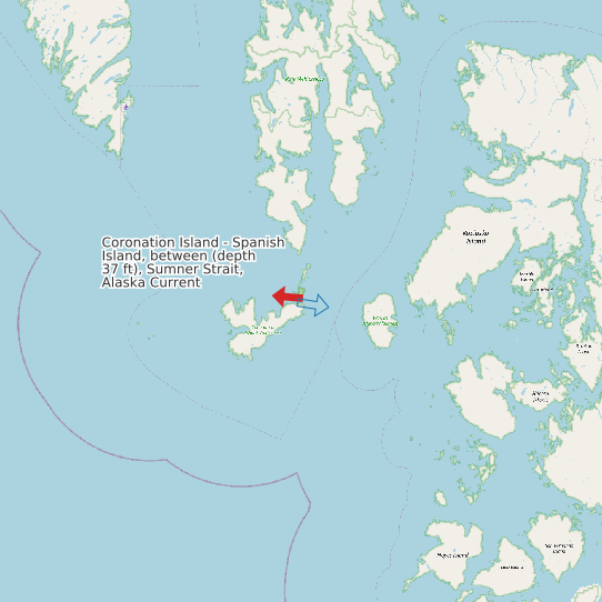 Map of Coronation Island - Spanish Island, between (depth 37 ft), Sumner Strait, Alaska Current Prediction Station