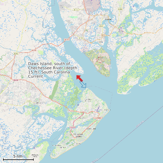 Map of Daws Island, south of, Chechessee River (depth 15 ft), South Carolina Current Prediction Station