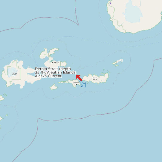 Map of Derbin Strait (depth 33 ft), Aleutian Islands, Alaska Current Prediction Station