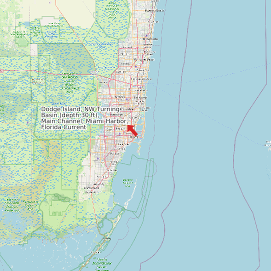 Map of Dodge Island, NW Turning Basin (depth 30 ft), Main Channel, Miami Harbor, Florida Current Prediction Station