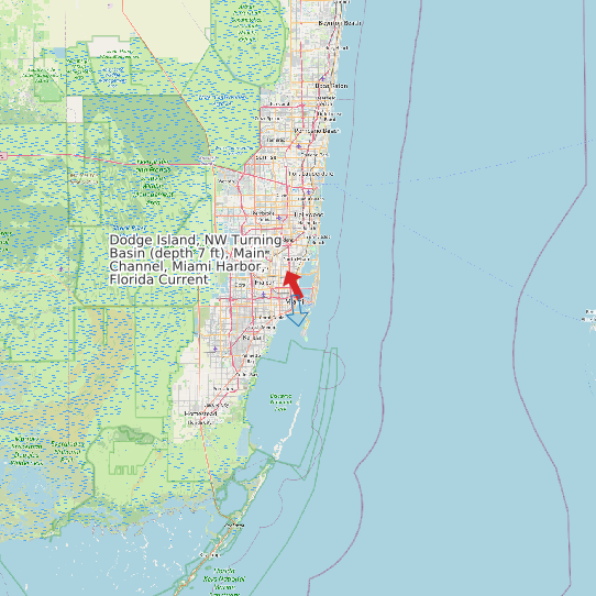 Map of Dodge Island, NW Turning Basin (depth 7 ft), Main Channel, Miami Harbor, Florida Current Prediction Station