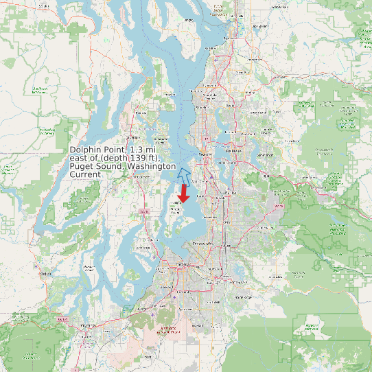 Map of Dolphin Point, 1.3 mi east of (depth 139 ft), Puget Sound, Washington Current Prediction Station