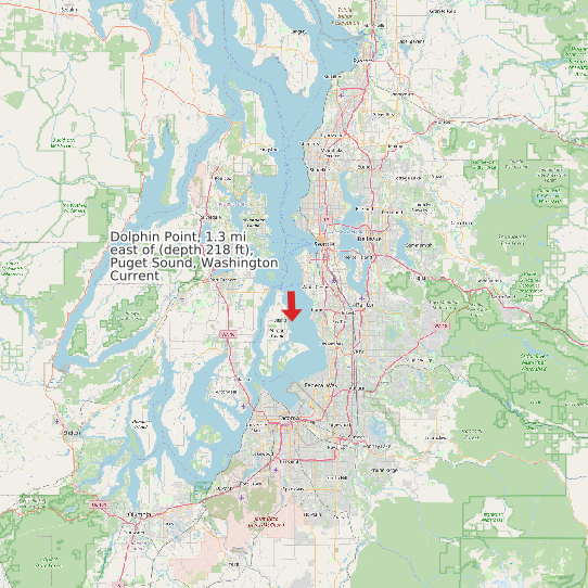 Map of Dolphin Point, 1.3 mi east of (depth 218 ft), Puget Sound, Washington Current Prediction Station