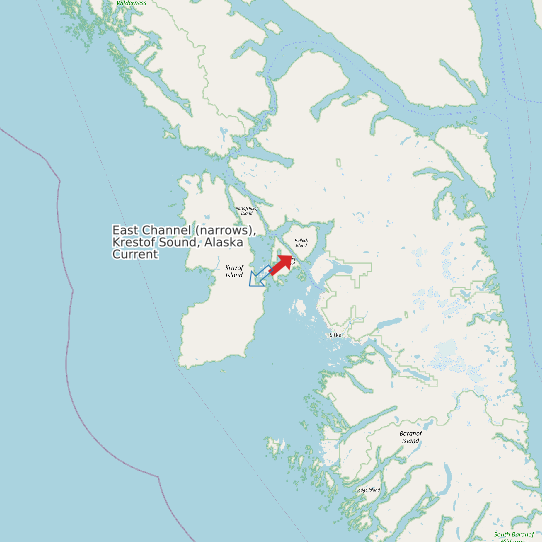 Map of East Channel (narrows), Krestof Sound, Alaska Current Prediction Station
