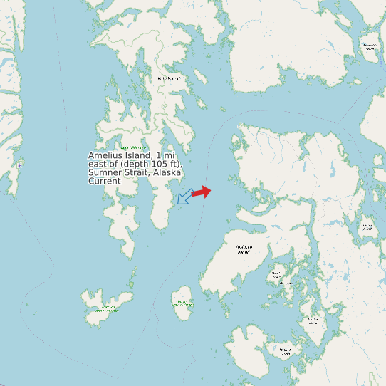 Amelius Island, 1 mi east of (depth 105 ft), Sumner Strait, Alaska Current map