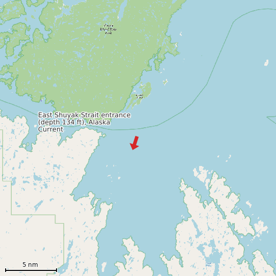 Map of East Shuyak Strait entrance (depth 134 ft), Alaska Current Prediction Station