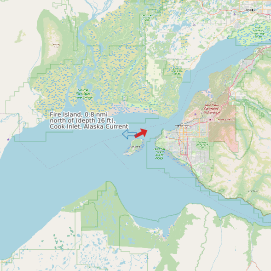 Map of Fire Island, 0.8 nmi north of (depth 16 ft), Cook Inlet, Alaska Current Prediction Station