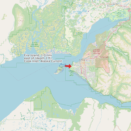 Map of Fire Island, 1.0 nmi east of (depth 2 ft), Cook Inlet, Alaska Current Prediction Station