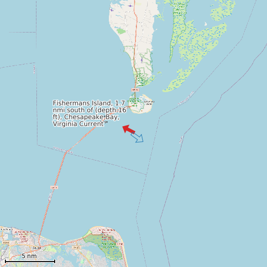 Map of Fishermans Island, 1.7 nmi south of (depth 16 ft), Chesapeake Bay, Virginia Current Prediction Station