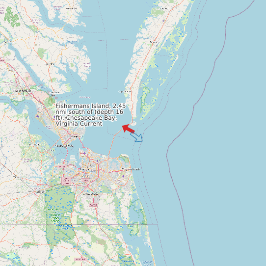 Map of Fishermans Island, 2.45 nmi south of (depth 16 ft), Chesapeake Bay, Virginia Current Prediction Station