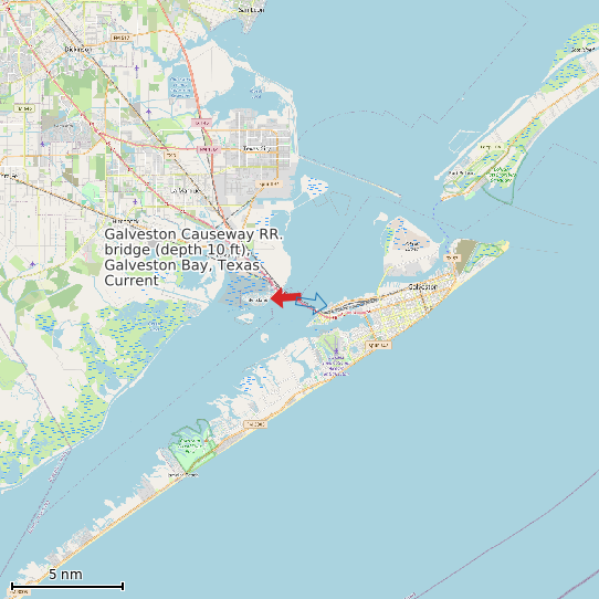 Map of Galveston Causeway RR. bridge (depth 10 ft), Galveston Bay, Texas Current Prediction Station