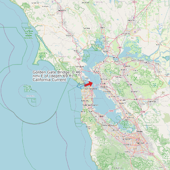 Golden Gate Bridge, 0.46 nmi E of (depth 69 ft), California Current map