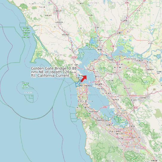 Map of Golden Gate Bridge, 0.88 nmi NE of (depth 126 ft), California Current Prediction Station
