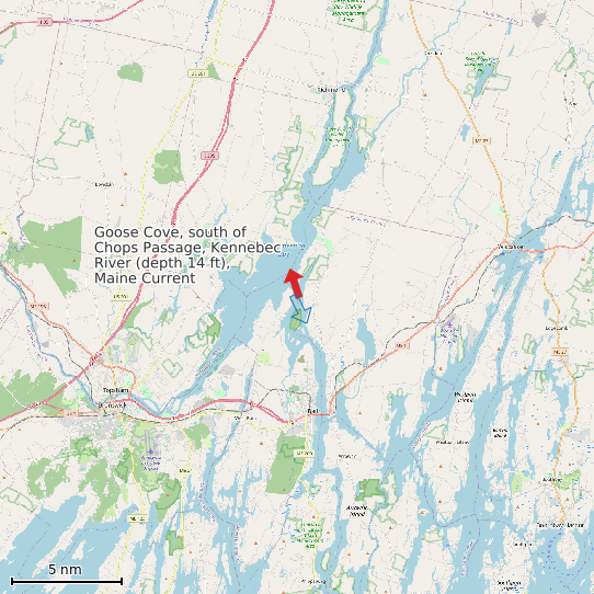 Map of Goose Cove, south of Chops Passage, Kennebec River (depth 14 ft), Maine Current Prediction Station