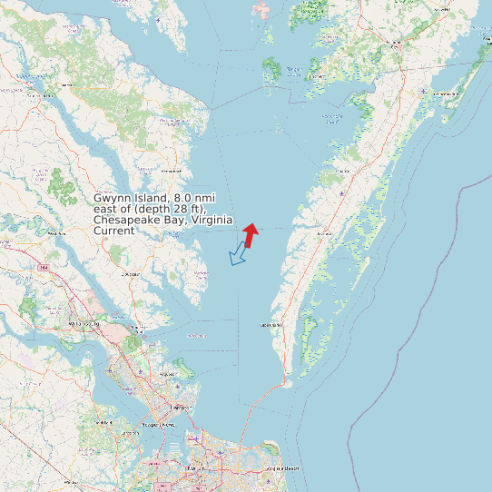 Map of Gwynn Island, 8.0 nmi east of (depth 28 ft), Chesapeake Bay, Virginia Current Prediction Station