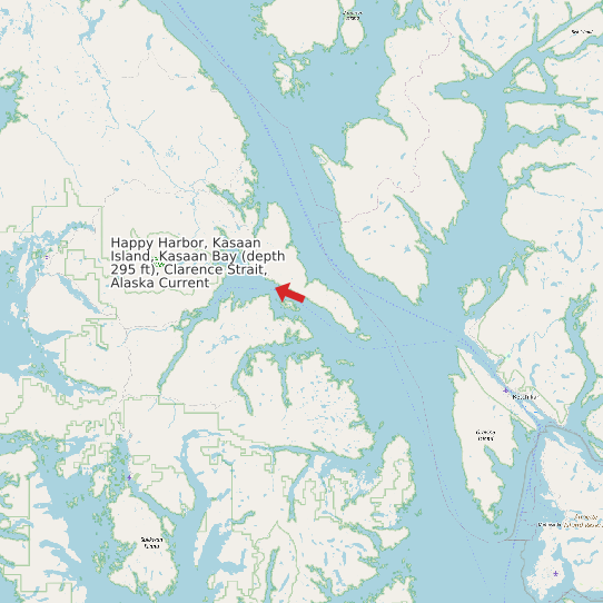 Map of Happy Harbor, Kasaan Island, Kasaan Bay (depth 295 ft), Clarence Strait, Alaska Current Prediction Station