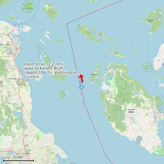 Map of Haro Strait, 1.2 nmi west of Kellett Bluff (depth 106 ft), Washington Current Prediction Station