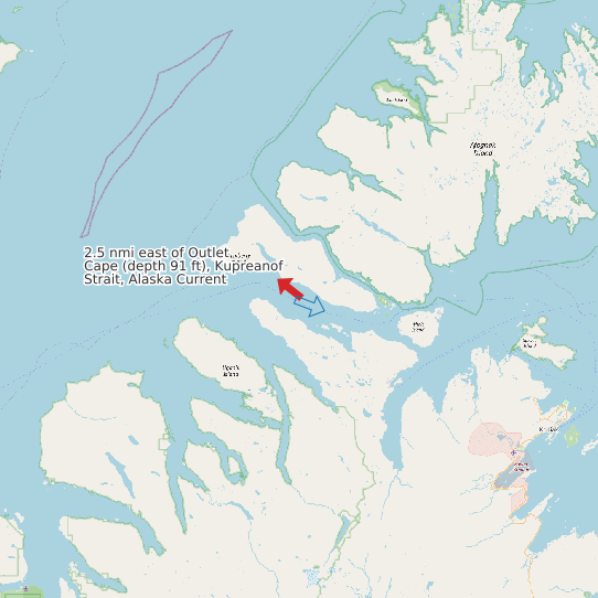 Map of 2.5 nmi east of Outlet Cape (depth 91 ft), Kupreanof Strait, Alaska Current Prediction Station