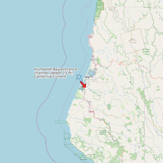 Humboldt Bay entrance channel (depth 15 ft), California Current map