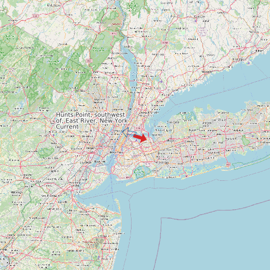 Map of Hunts Point, southwest of, East River, New York Current Prediction Station
