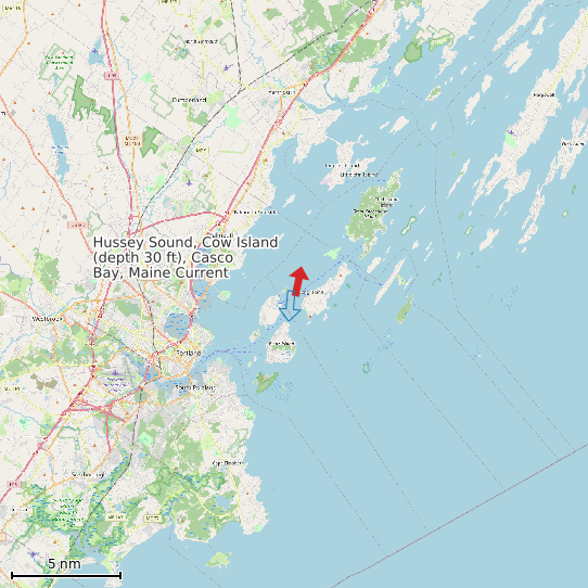 Map of Hussey Sound, Cow Island (depth 30 ft), Casco Bay, Maine Current Prediction Station