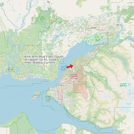 Map of Knik Arm Mud Flats, south of (depth 10 ft), Cook Inlet, Alaska Current Prediction Station