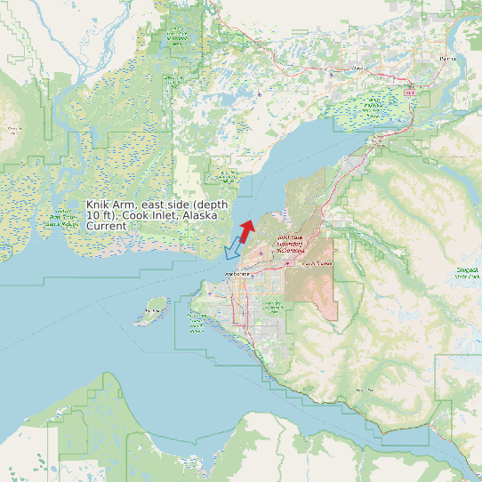 Map of Knik Arm, east side (depth 10 ft), Cook Inlet, Alaska Current Prediction Station