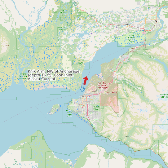 Map of Knik Arm, NW of Anchorage (depth 16 ft), Cook Inlet, Alaska Current Prediction Station