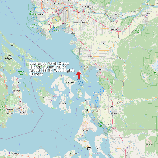 Map of Lawrence Point, Orcas Island, 1.3 nmi NE of (depth 63 ft), Washington Current Prediction Station