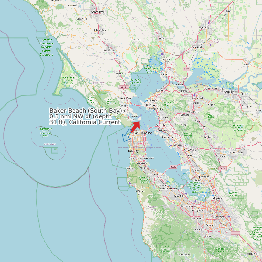 Map of Baker Beach (South Bay), 0.3 nmi NW of (depth 31 ft), California Current Prediction Station