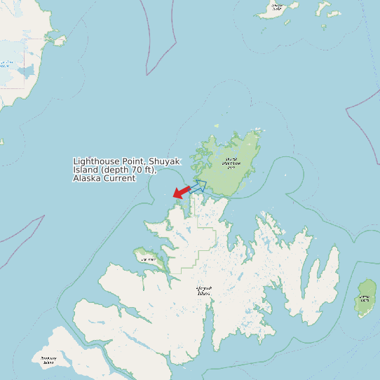 Map of Lighthouse Point, Shuyak Island (depth 70 ft), Alaska Current Prediction Station
