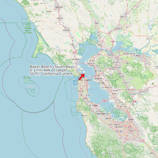 Map of Baker Beach (South Bay), 0.3 nmi NW of (depth 50 ft), California Current Prediction Station
