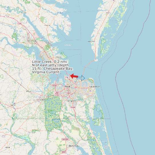 Map of Little Creek, 0.2 nmi N of east jetty (depth 15 ft), Chesapeake Bay, Virginia Current Prediction Station