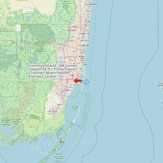 Map of Lummus Island, SW corner (depth 14 ft), Fishermans Channel, Miami Harbor, Florida Current Prediction Station