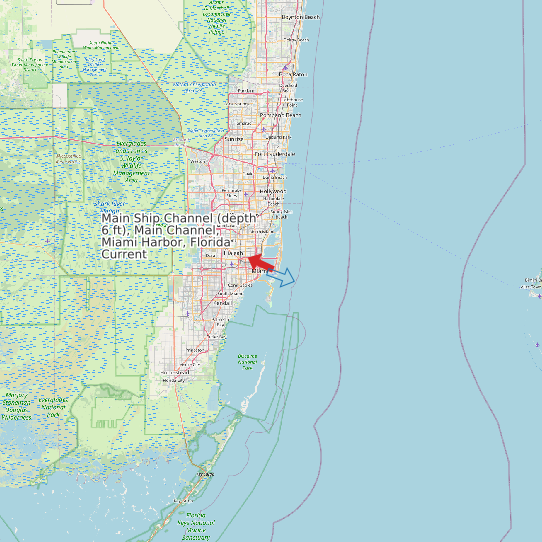 Main Ship Channel (depth 6 ft), Main Channel, Miami Harbor, Florida Current map