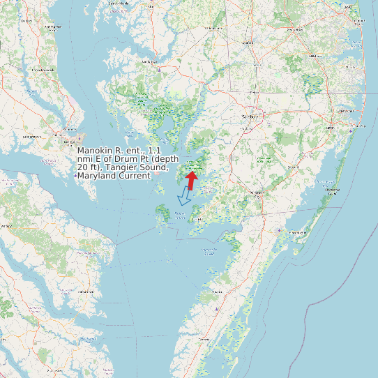 Map of Manokin R. ent., 1.1 nmi E of Drum Pt (depth 20 ft), Tangier Sound, Maryland Current Prediction Station